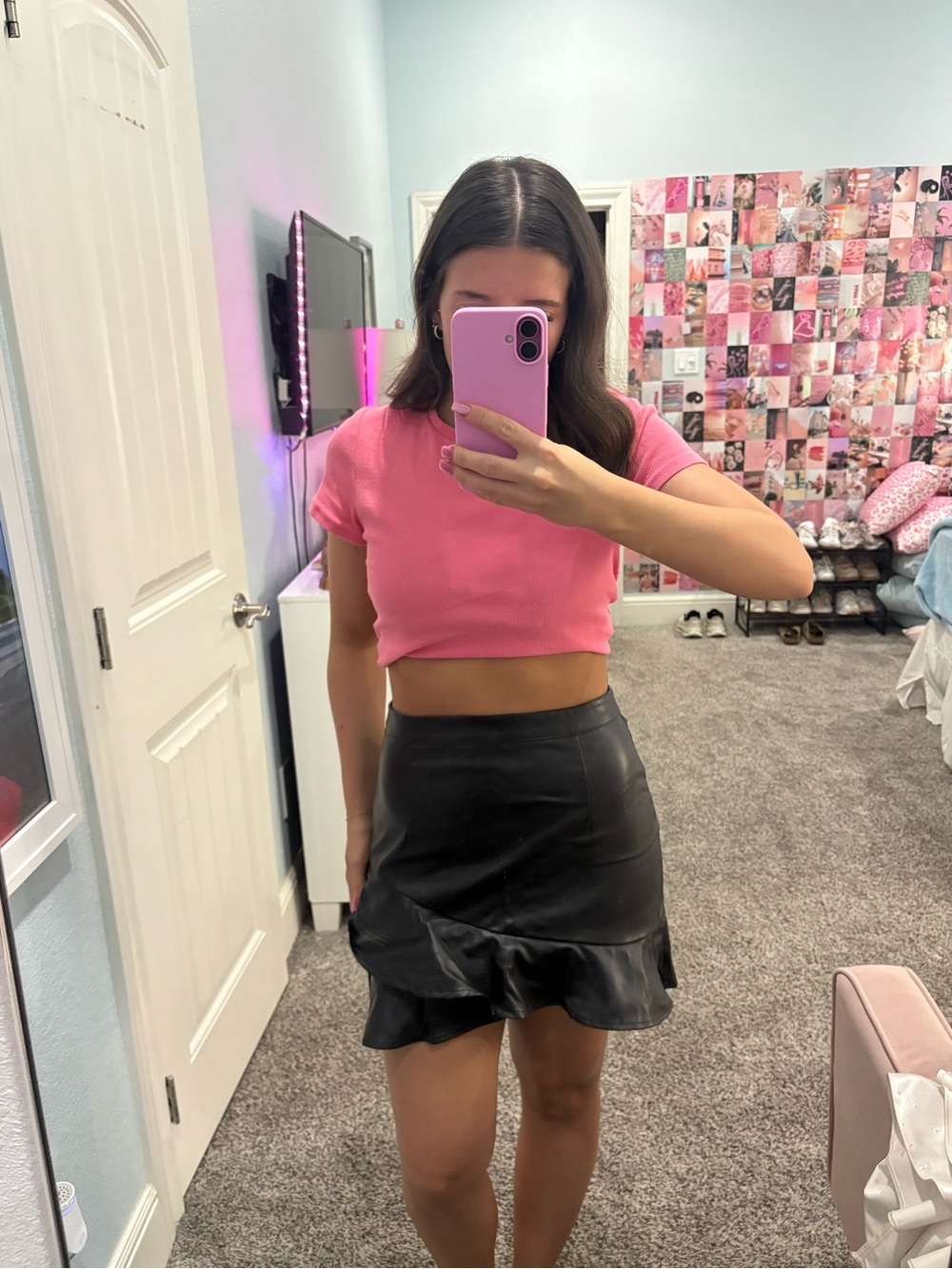 Forever 21 Black Faux Leather Ruffle Hem Mini Skirt